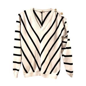 Mazik Striped V-Neck Sweater Womens S Black White Gold Buttons Nautical Preppy
